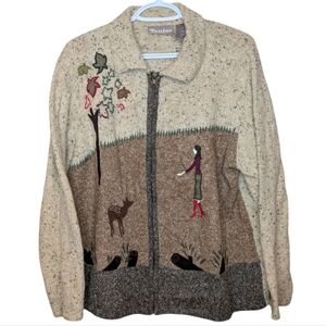 Tan Jay Brown & Oatmeal Knit Embroidered Zip Up Collared Sweater Women Large